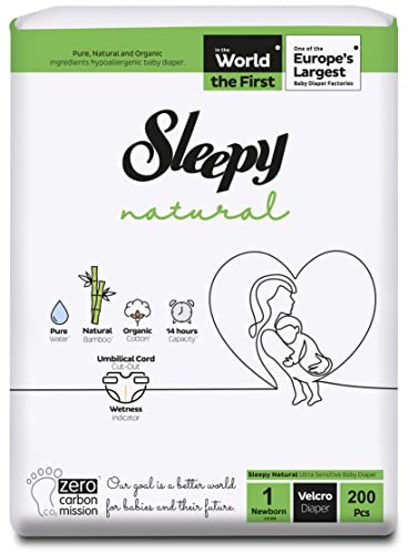 Sleepy Natural Baby Windeln Größe 1 (2-5 Kg) - MONATSBOX, Für Empfindliche Babys, 200 Stück (5 Packungen mit 40)