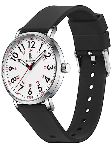 Alienwork IK EasyTime Armbanduhr Herren Damen Silber Silikon-Armband Schwarz Weiss Einfache Lesezeit Armbandwechsel mit Schnellverschluss Wasserdicht