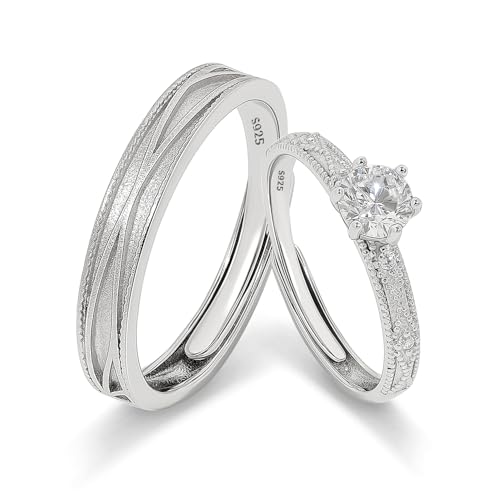 Meissa Eheringe Silber 925 Verlobungsring Paar Ringe 2,5mm 3,5mm Breit Verstellbar Größen Ring mit Weiß Zirkonia Partnerringe für Sie und Ihn Paarpreis für Hochzeit Verlobung Alltag und Valentinstag