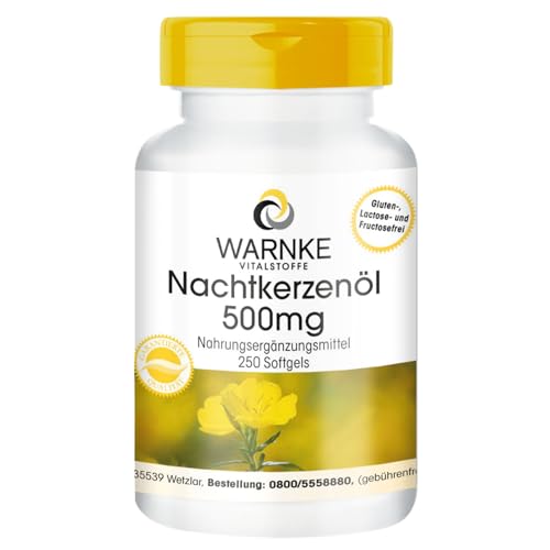 Nachtkerzenöl 500mg - 250 Softgel - Kaltgepresst - Linolsäure - Gamma-Linolensäure - natürliches Vitamin E - Großpackung | Warnke Vitalstoffe - Deutsche Apothekenqualität