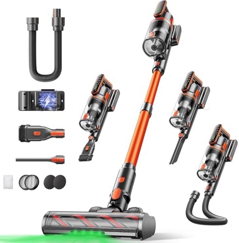 Fieety Akku Staubsauger,600W/50kPa/65Min Staubsauger Kabellos mit Wandmontierte Ladestation, Aromatherapie, Automatikmodus, Touchscreen, 1M Ausziehbarer Schlauch für Hartböden Teppiche Tierhaare Auto