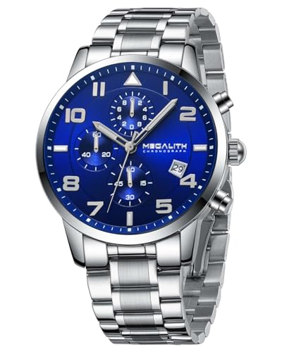 MEGALITH Armbanduhr Herren Sport Chronograph: Silber Edelstahl Analog Quarz - Militär Wasserdicht Datum Uhren für Männer