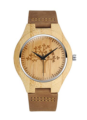 MICGIGI Herren Damen Analog Quarz Holzuhren Baummuster Bambus Holz Armbanduhr mit Leder Armband