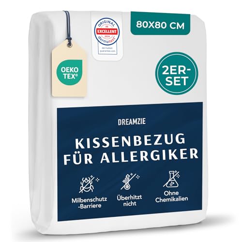 Dreamzie - 2er-Set Milbenbezug Kopfkissen 80x80 Bezug - Allergiker Bettwäsche - Kissenschoner 80x80 cm Hausstaubmilben Bekämpfen - Allergiker Kissenbezug fachärztlich getestet