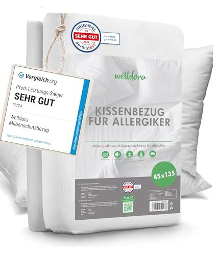 Welldora ǀ Premium Milbenbezug Kissen 45x135 ǀ Allergiker Kissenbezug fachärztlich getestet ǀ Encasing mit Reissverschluss ǀ Allergiker Bettwäsche