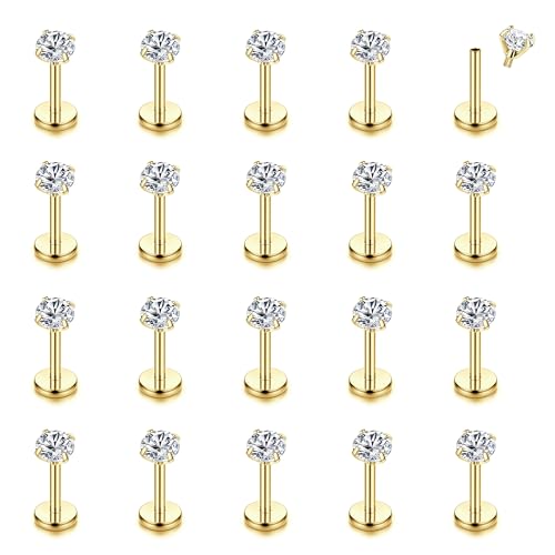 CASSIECA 16G 20Pcs Piercing Ohr Silber Gold Helix Piercings Chirurgenstahl Piercing Ohr Conch Piercing Nasenpiercing Tragus Piercing Lippenpiercing Labret Piercing Studs 6/8/10mm für Frauen Männer