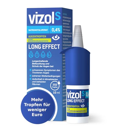 Vizol S 0,4% Long Effect Augentropfen bei starken Symptomen trockener und gereizter Augen, beruhigende Pflege in der stärksten Konzentration von 0,4% Natriumhyaluronat