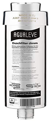 AGUALEVE Duschfilter chrom gegen Kalk, Schwermetalle, Chlor, Verunreinigungen, wirkt bakteriostatisch | für schöne Haut und Haare, gegen Kalkablagerungen | TÜV zertifizierte Markenqualität Made in EU