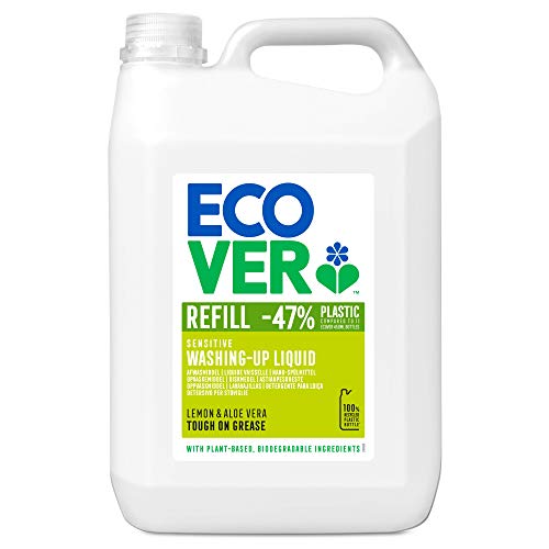 Ecover Hand-Spülmittel Zitrone & Aloe Vera, nachhaltiges Spülmittel mit Zuckertensiden, kraftvoller Fettlöser, Geschirrspülmittel flüssig und auf pflanzlicher Basis, 5 l