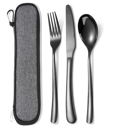MURRI&MURRDI Besteck Set für 1 Personen, 3 teilig Mehrweg Flatware Set, Besteck Edelstahl Spiegelpoliert, Camping Messer Gabel Löffel mit Tasche, Spülmaschinenfest (3 Schwarz)