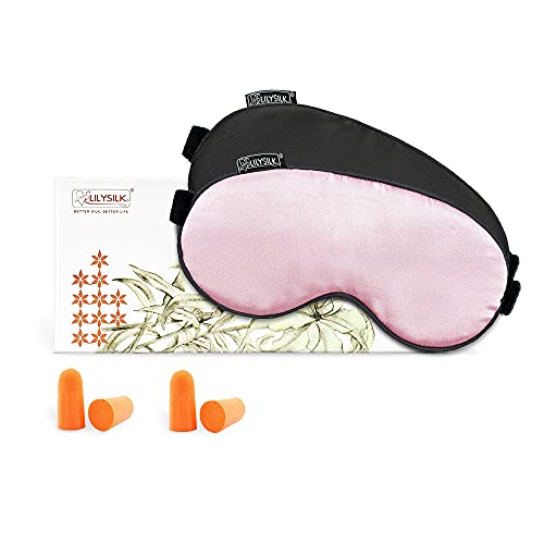 LILYSILK Schlafmaske 2er Pack Damen Herren 100% Seide Hautfreundlich für Allergiker | Perfekt Sitz | Schlafbrille Augenmaske Nachtmaske - Schwarz + Rosa mit 2 Paare Ohrstöpseln