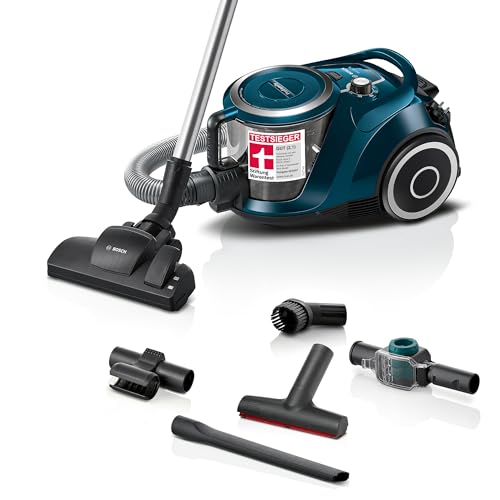 Bosch Staubsauger beutellos Serie 6 ProFamily BGC41XFMLY, ideal für Allergiker, Hygiene-Filter, 10 J. Motorgarantie, Spielzeugfalle, XXL-Polsterdüse, XXL-Fugendüse, hohe Saugkraft, leise, 750 W, blau
