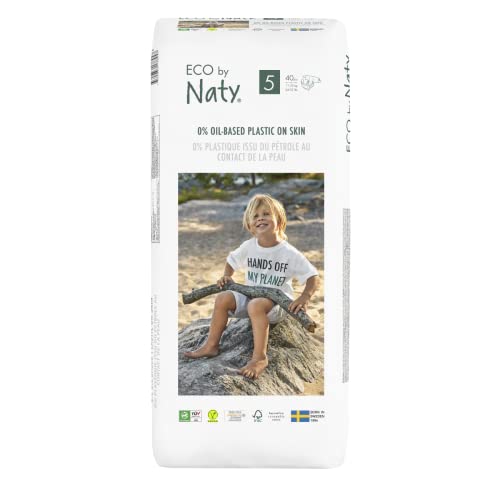 Eco by Naty Premium Einweg-Windeln für empfindliche Haut, Größe 5, Packung mit 1 x 40 (40 Stück) – pflanzliche Premium-Windel mit 0% Öl-Kunststoff auf der Haut