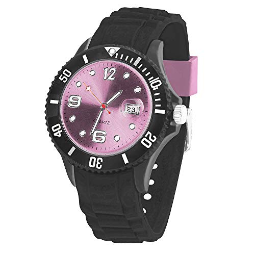 Taffstyle Damen Herren Sportuhr Armbanduhr Silikon Sport Watch Farbiges Ziffernblatt mit Datum Analog Quarz Uhr Schwarz Rosa