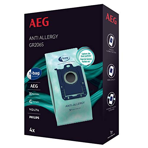 AEG GR206S s-Bag Anti-Allergy Staubsaugerbeutel (4 Synthetik Staubbeutel, hohe Filterleistung, reduziert u.a. Pollen, Milben & Allergene, ideal für Allergiker, passend für AEG, Electrolux, Philips)