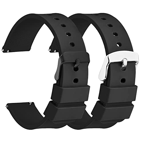 Molain 2 Stück Schnellverschluss-Silikon-Uhrenarmbänder, wasserdichte Herren-Uhrenarmbänder mit schwarz/silberner Edelstahlschnalle (20mm, Schwarz)