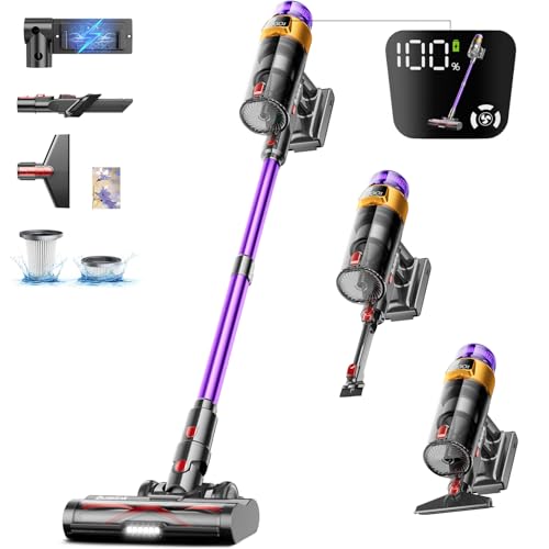 Bulelink Akku Staubsauger 45KPA/550W/70Mins, Staubsauger Kabellos mit OLED Smart Screen und Kombination von Weichen und Harten Borsten Bodenbürste, Wandmontage Wiederaufladbare 1.8L Akkustaubsauger