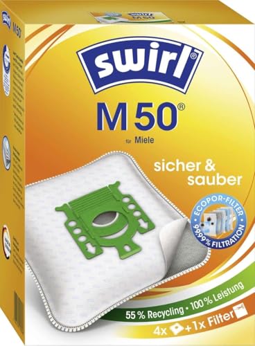Swirl M 50 EcoPor Staubsaugerbeutel (4 Beutel), reißfeste Staubbeutel für alle Miele Staubsauger mit Beutel, 99,9 % Filterung von Hausstaub & allergenem Feinstaub