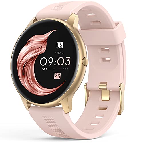AGPTEK Smartwatch, 1,3 Zoll runde Armbanduhr mit personalisiertem Bildschirm, Musiksteuerung, Herzfrequenz, Schrittzähler, Kalorien, usw. IP68 Wasserdicht Fitness Tracker für iOS und Android, Rosa