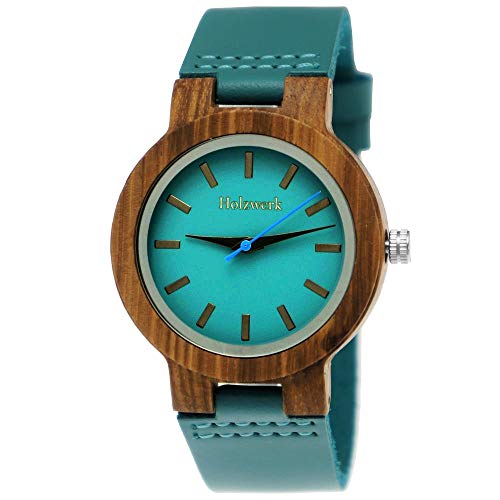 Holzwerk Germany Handgefertigte Designer Damen-Uhr Öko Natur Holz-Uhr Leder Armband-Uhr Analog Klassisch Quarz-Uhr in Blau Türkis Braun (Türkis)