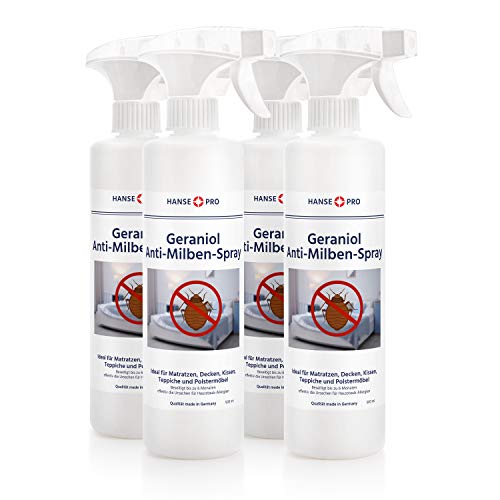 HANSE PRO Geraniol Anti-Milben-Spray, 4 x 500 ml I Hausstaub-Milben-Spray I Milbenschutz I Anti-Milben-Mittel gegen Bettwanzen & Milben I Hausstaubmilben-Allergie I Milben-Bekämpfung