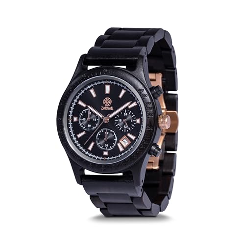 Zeitholz Holzuhr Herren, für Herren, Armbanduhr, Chronograph, Neue Bergen, Analog, 42mm, 100% Naturholz mit Japanischem Quarzwerk. Entworfen um EIN Statement zu setzen. (Black)