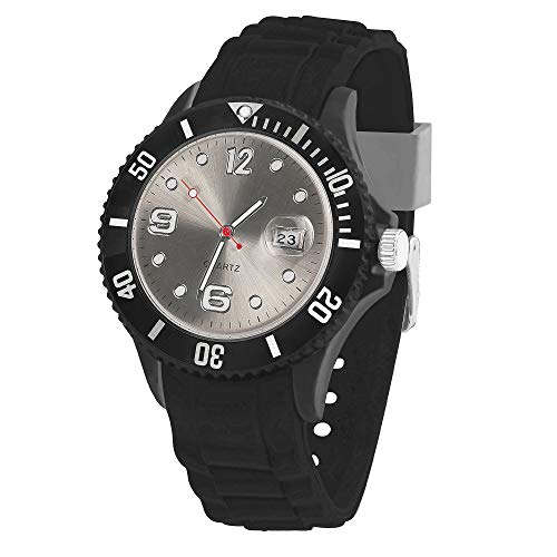 Taffstyle Damen Herren Sportuhr Armbanduhr Silikon Sport Watch Farbiges Ziffernblatt mit Datum Analog Quarz Uhr Schwarz Grau