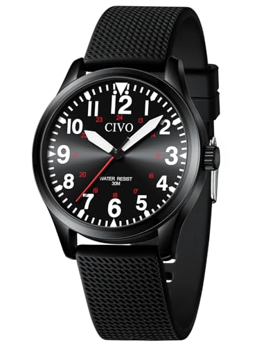 CIVO Uhren Herren Militär Outdoor: Mode Quarzuhr mit Groß Zahlen - Analog Schwarz Wasserdicht Silikon Männer
