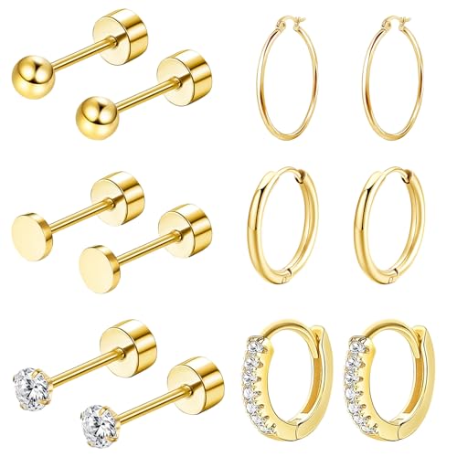 6 Paar Ohrstecker Gold,Goldene Ohrringe Damen,Gold Ohrringe Damen,Ohrringe Gold Set,Medizinische Ohrstecker Gold,Hypoallergen,Geeignet für Männer und Frauen