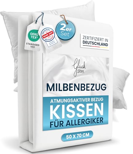 Glückstoff® 2er-Set Milbenbezug Kissen 50x70 [Zertifiziert IN Deutschland] - Premium Kissenschoner Encasing Milben - Allergiker Kissenschutzbezug - Allergie Bettwäsche Anti Milben - Milbenschutzbezug