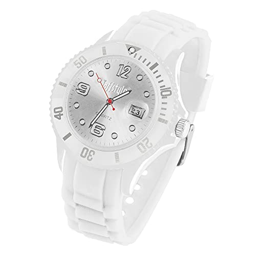 Taffstyle Damen Herren Sportuhr Armbanduhr Silikon Sport Ziffernblatt mit Datum Analog Quarz Farbige Bunte Uhr Weiß Weiß