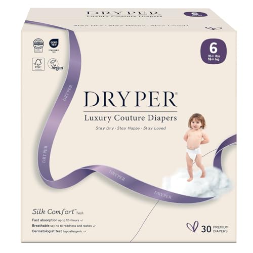 DRYPER Baby Windeln Größe 6 (16kg+ / 35+ lbs), 12H Auslaufschutz, 3D Auslaufschutz, Nässeindikator, ultradünner weicher absorbierender Kern, hypoallergen für empfindliche Haut, tragbar, 30 Windeln