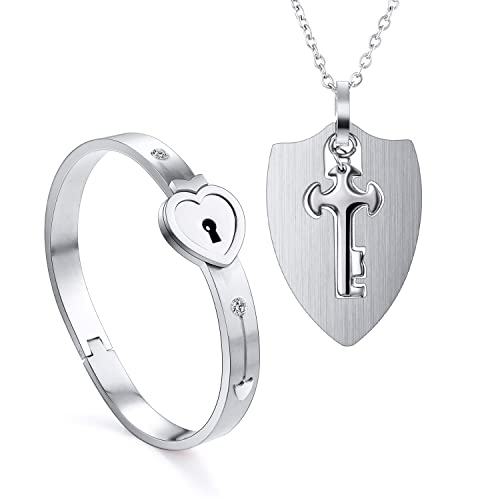 2 Stück Armreif mit Schloss Anhänger Kette Schlüssel Set für Paare,Silber Edelstahl Herz Sperren Armband Armbänder Damen Herren Halskette ketten für Pärchen Couple Partner Freundschaft BFF Geschenk