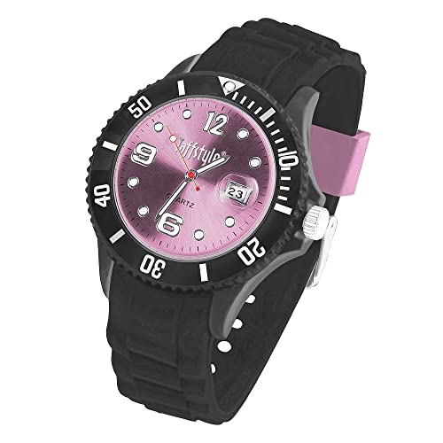 Taffstyle Damen Herren Sportuhr Armbanduhr Silikon Sport Ziffernblatt mit Datum Analog Quarz Farbige Bunte Uhr Schwarz Rosa