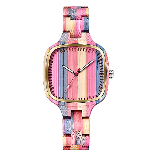 Tiong Damen Holzuhr Natürliche Bunte Bambus Holzuhren Analog Quarz Armbanduhr Verstellbar Holz Armband Leichte Holzuhr