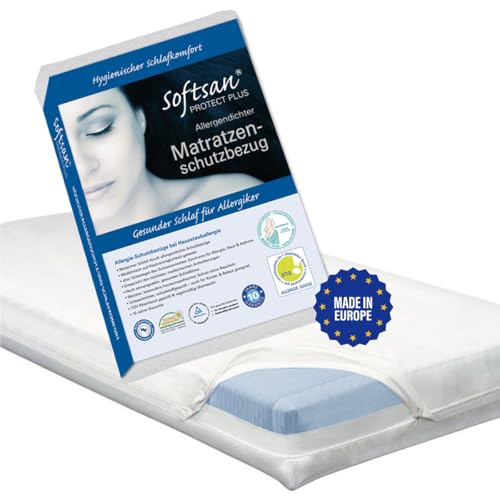 Softsan Protect Plus Matratzenbezug milbendicht 90x200x16 cm, Höhe 16 cm, Encasing, Milbenschutz für Hausstauballergiker milbenkotdicht Weiß