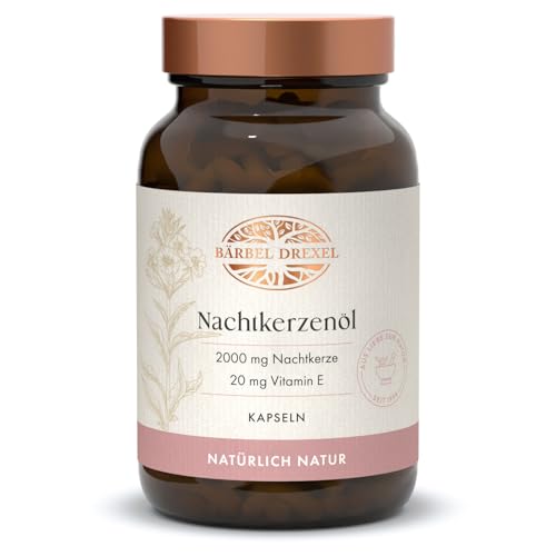 Nachtkerzenöl Kapseln Vegan 2000 mg pro Tagesdosis (120 Stk) 100% Natur Herstellung in Deutschland, Trockene Haut, Hautpflege von innen, Vitamin E Gamma-Linolensäure GLA Kaltgepresst BÄRBEL DREXEL®