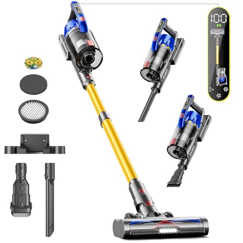 Anyson Akku Staubsauger, 45KPA/550W Staubsauger Kabellos,60 Minuten Laufzeit,Doppeltes Griffdesign,1.5L Staubsauger OLED-Display für Hartböden/Teppich