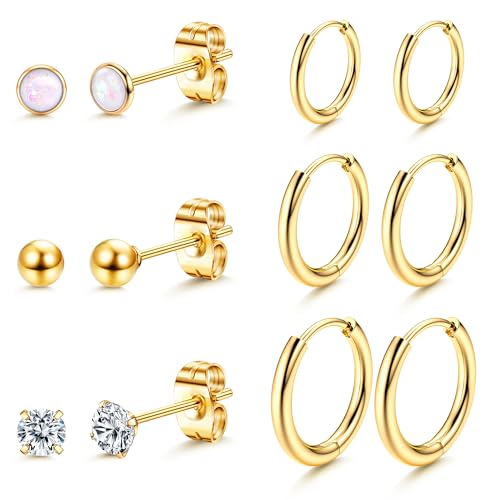 Dochais 6 Paar Edelstahl Ohrringe Damen Gold Set Ohrringe Gold Creolen Set Ohrstecker Klein Creolen 8mm 10mm 12mm Hypoallergene Ohrstecker Zirkonia Ball Knorpel Schlafen Ohrringe für Damen Herren