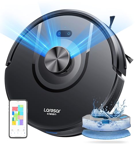Laresar Clean Saugroboter mit Wischfunktion 3 in 1, 5000Pa Staubsauger Roboter mit Laser Navigation, 180Mins Max, Saugroboter Ideal für Tierhaare,Teppich, Hartboden, APP Steuerung, 15 No-Go