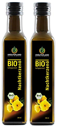 Kräuterland Bio Nachtkerzenöl 500ml - 2x250ml Nachtkerzensamenöl, kaltgepresst, naturrein, vegan für die gesunde Küche- Speiseöl zum Kochen & pur Einnehmen - in Premium Qualität