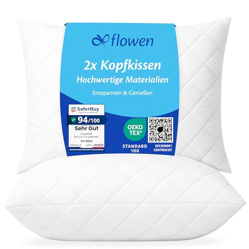 Flowen Kopfkissen 40x80 cm Kissen für Bett 40 x 80 2er Set Bettkissen Hypoallergene Anti-Milben Weiche Kissenfüllung mit Weicher Gesteppter Kopfkissenbezug Abnehmbarem und Waschbaren Schlafkissen