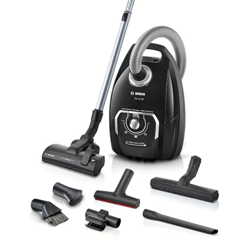 Bosch Staubsauger mit Beutel Serie 8 BGL8XALL, Testsieger, ideal für Allergiker, Hygiene-Filter, 10 Jahre Motorgarantie, Hartbodendüse, XXL-Polsterdüse, langes Kabel, Made in Germany, 650 W, schwarz