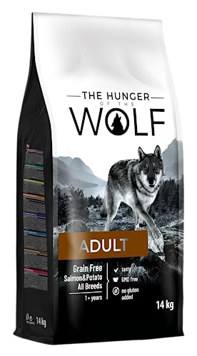 The Hunger of the Wolf Hundefutter für ausgewachsene Hunde aller Rassen und für Hunde mit Allergien, Fein zubereitetes Trockenfutter ohne Getreide mit Lachs und Kartoffeln - 14 kg