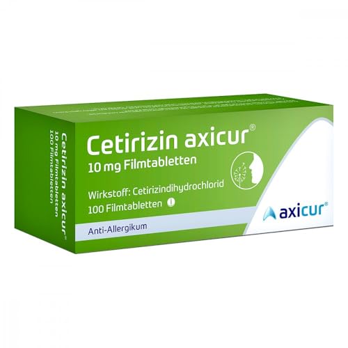 Cetirizin axicur 10 mg Filmtabletten, Linderung von Heuschnupfen und verbundener Beschwerden wie Schwellungen, Rötungen und Juckreiz der Haut, geeignet zur Behandlung ganzjähriger Allergien, 100 St