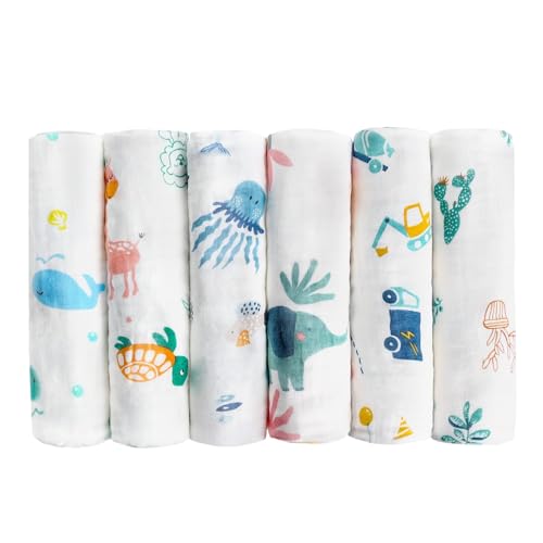 Maliton 6 Stück Baby Mullwindeln Spucktücher, 70x70cm Moltontücher Baby 100% Baumwolle,weich, saugfähig und atmungsaktiv Mullwindeln zum Reinigen, Abwischen und Abdecken von Neugeborenen