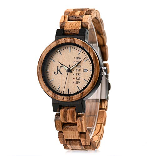 Kim Johanson Damen Holz-Edelstahl Armbanduhr *Light Week* mit Datum- & Tagesanzeige Handgefertigt Quarz Analog Uhr inkl. Geschenkbox