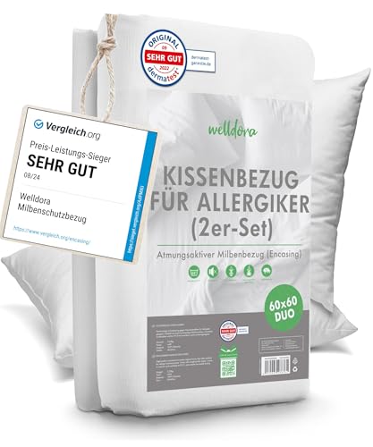 Welldora ǀ 2er-Set Milbenbezug Kissen 60x60 ǀ Allergiker Kissenbezug fachärztlich getestet ǀ Premium Encasing mit Reissverschluss ǀ Allergiker Bettwäsche
