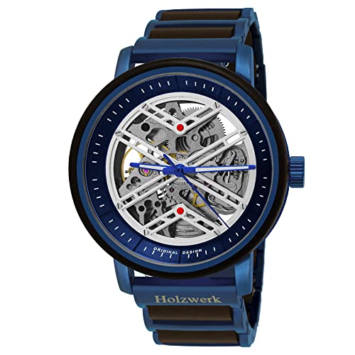 Holzwerk Germany Handgefertigte Automatik Herren-Uhr Öko Natur Holz-Uhr Holz Armband-Uhr Braun Schwarz Silber Analog (Blau.Schwarz)