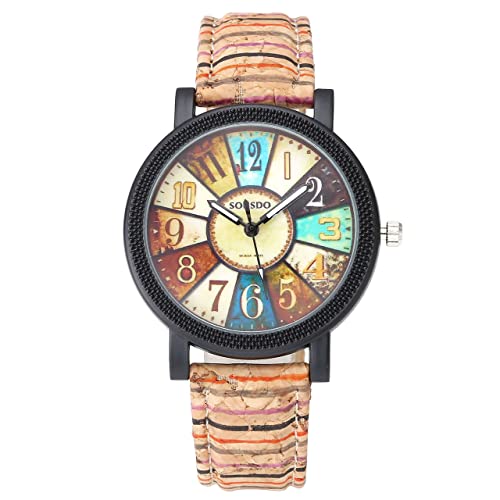 JSDDE Uhren,Damen Retro Stil Farbig Streifen Armbanduhr Holz Kork Muster PU Lederband Analog Quarzuhr